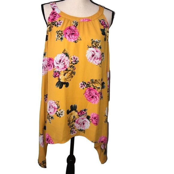 Torrid Top Size 2 2X Georgette High Neck Tank Yellow Pink Floral Asymmetrical - Picture 1 of 12